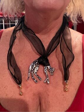 Black Sheer Ribbon Necklace with Silver Spotted Cheetah Pendant